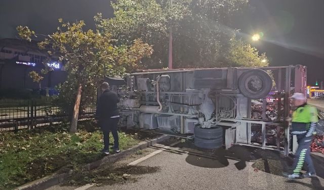 Samsun'da biber yüklü kamyonun devrilmesi sonucu 2 kişi yaralandı
